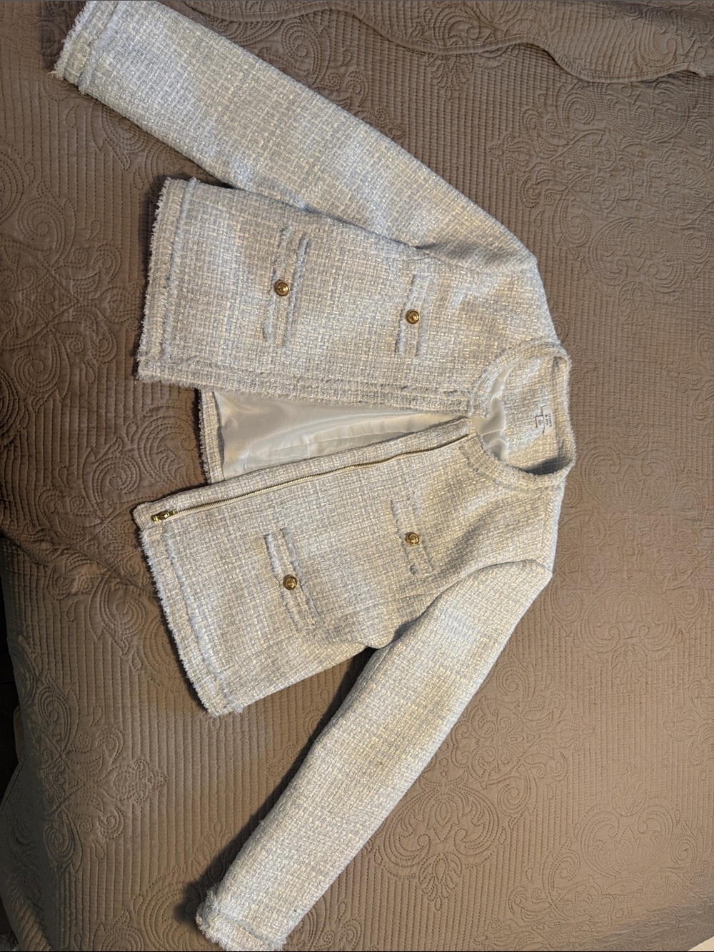 Women Cream  silver and light blue Tweed Jacket with Gold Button Detail